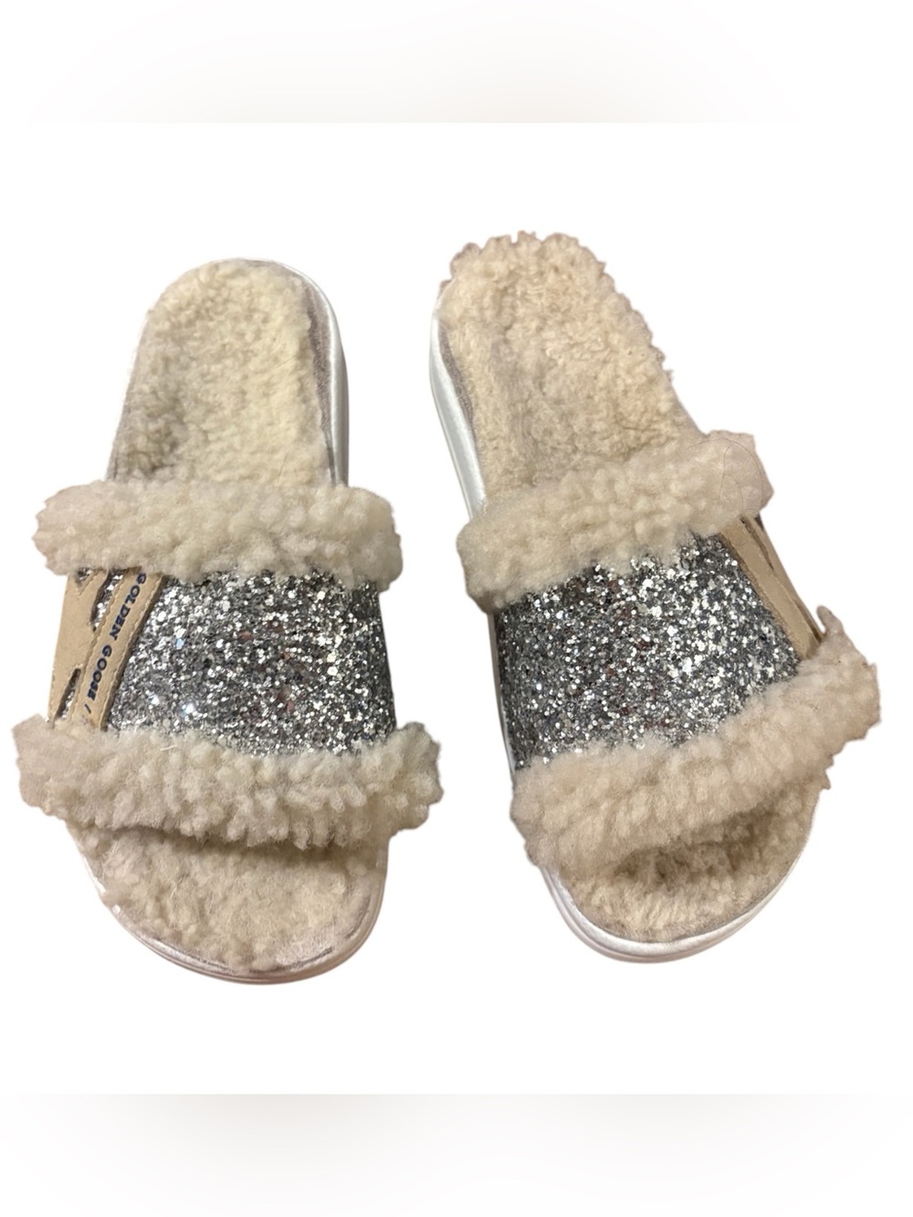 Golden Goose Silver Glitter Shearling Slide Slippers